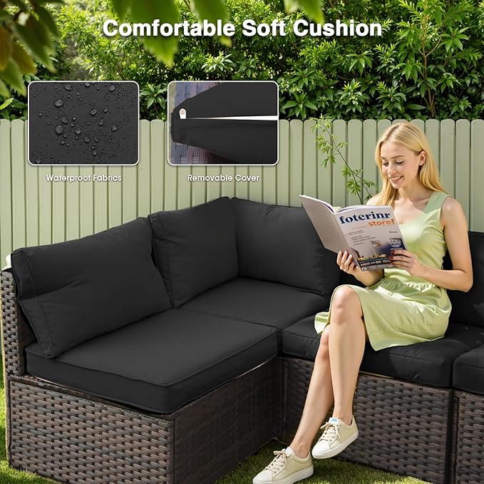 13 Piece Patio Furniture Set with Fire Pit Table All Weather PE Rattan Outdoor Sectional Sofa Couch with No-Slip Cushions for Garden, Poolside, Backyard (Black)