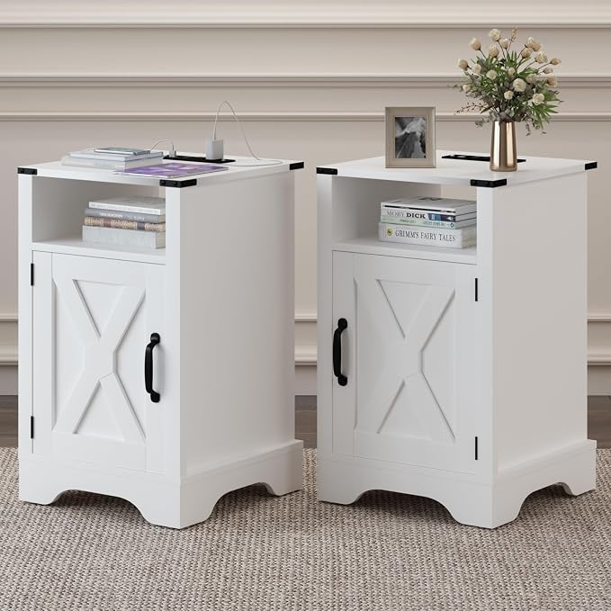 RoyalCraft Farmhouse Nightstand, End Table with Charging Station, Tall Bedside Table with Large Storage Room and Shelf, Wooden Rustic Side Table for Bedroom, Home Office, White - Image 7
