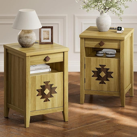 Night Stand Set of 2 with Charging Station and Drawers for Small Space,Wood Nightstand with Storage Cabinet & Drawer & Shelf, Modern and Farmhouse Nightstand for Bedroom,Oak by Unknown