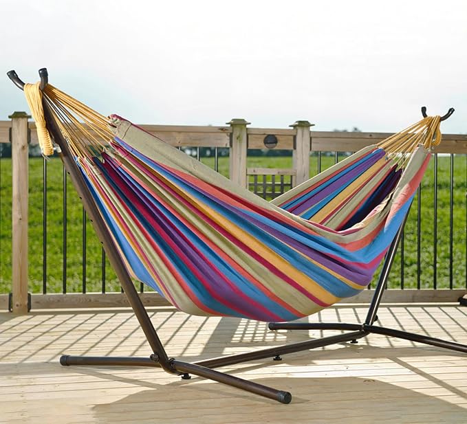Vivere Double Cotton Hammock with Space Saving Steel Stand, Upgraded Polyester End Strings 450 lb Capacity - Premium Carry Bag Included - USA Grown Cotton (Tropical) - Image 4