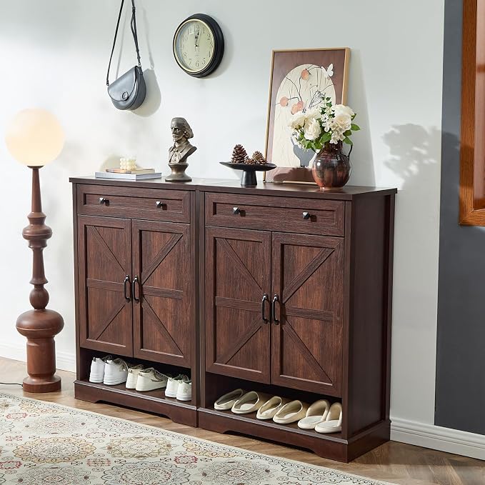 SOOWERY Shoe Cabinet with Drawer, Farmhouse Shoe Storage Cabinet with Doors, 5 Tiers Narrow Shoe Organizer for Entryway, Foyer, Hallway, Dark Cherry - Image 7