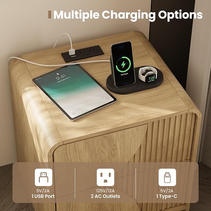 Nightstand Set of 2,Fluted Nightstand with Charging Station,20" Side Table with 2 Drawers Modern Night Stand Wooden End Table Bedside Table with Curved Design for Bedroom,Natural Oak - Image 4