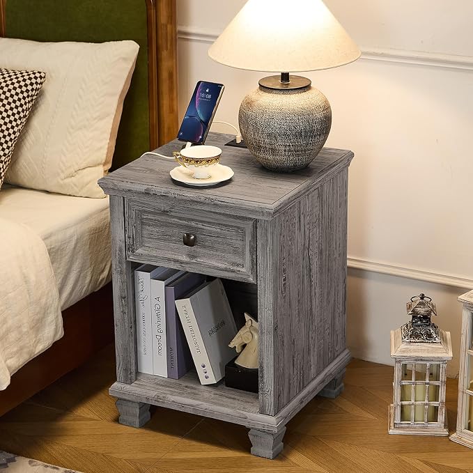 SAVOR LIFE Farmhouse End Tables Living Room Set of 2, Rustic Wood Nightstand with 1 Drawer, Bedside Table with Open Shelf for Bed Room, Side Table for Living Room, Grey - Image 9