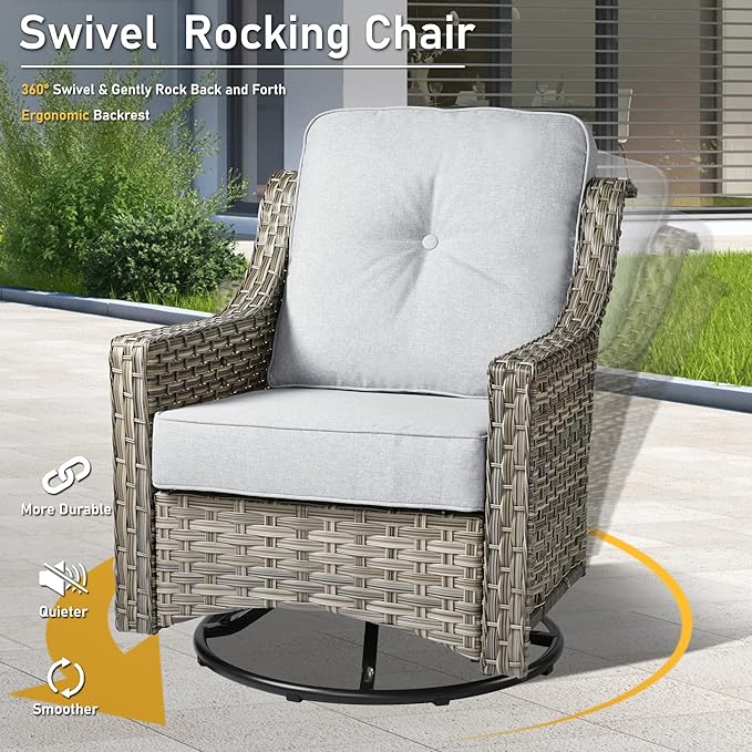 HOOOWOOO 5 Piece Patio Furniture Conversation Sets with Swivel Rocking Chairs,Outdoor Wicker Furniture with LED Tablet,All Weather Resistant High Back Rattan Conversational Set(Light Grey Gray)