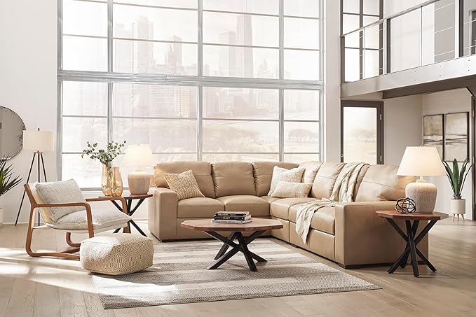 Signature Design by Ashley Bandon Modern Leather Match Left-Arm Facing 3-Piece Sectional with Removable Cushions and Armrest, Light Brown