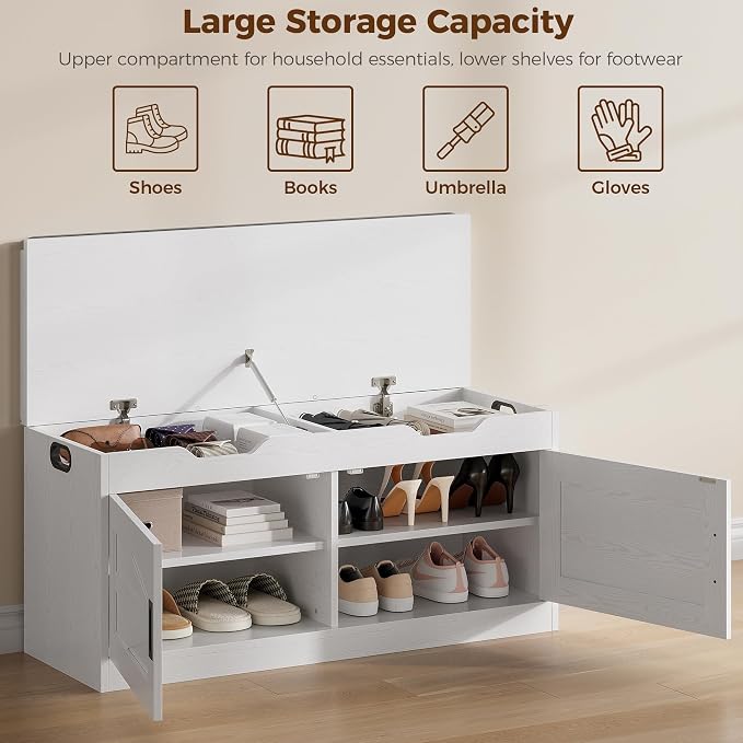 IRONCK Shoe Bench with Lift Top Storage, 42.4" Entryway Bench with Wider Cushioned Seat, End of Bed Bench with Adjustable Shelf & 2 Doors for Hallway, Bedroom, White - Image 4