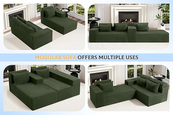 Homguava Modular Sectional Couches for Living Room,105" Cloud Couch with L-Shape Chaise,Comfy Sofa Living Room Sofas with Deep Seat,No Assembly L Couch,Corduroy Fabric(Green,R)