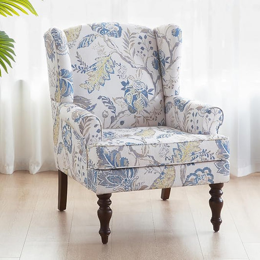 HUIMO Printed Wingback Accent Chair, Linen Upholstered High Back Armchair, Comfy Reading Chair for Living Room Bedroom Study, 300lbs Weight Capacity (1, Blue Floral)