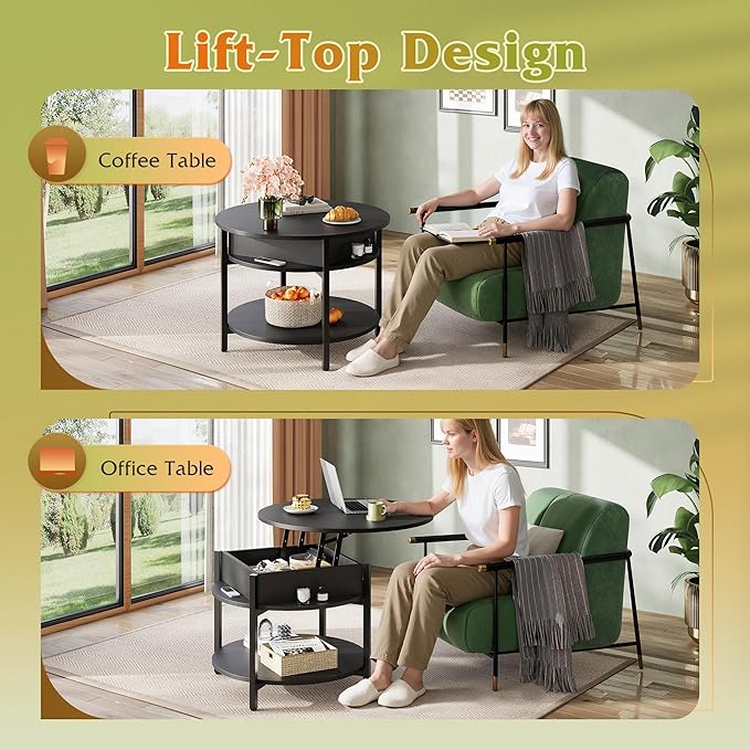 WLIVE Round Lift Top Coffee Table with Storage Shelf and Hidden Compartment, Farmhouse Small Coffee Table with 2 Tier for Living Room and Home Office, Black