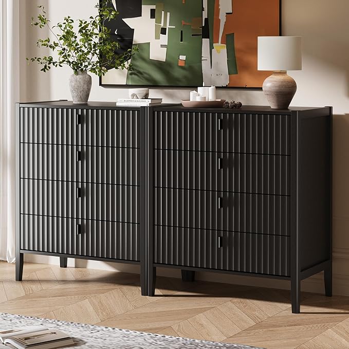 MAISONARIA 3-Piece Dresser Bedroom Set, 4 Drawer Dresser & 2 Drawer Nightstands with Metal Handles, Fluted Wood Chest of Drawers for Bedroom, Living Room, Entryway, Black