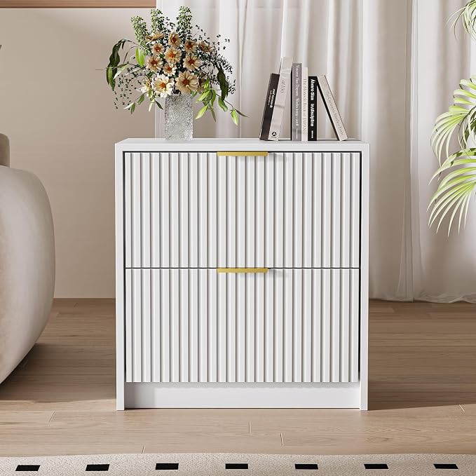 MAISONARIA Fluted Nightstands Set of 2 with 2 Drawers, 19.6" Modern Storage Bedside Table with Golden Metal Handles, Wooden End Table for Bedroom, White - Image 7