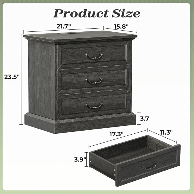 Huuger Nightstand with Charging Station, 3 Drawer Night Stand, 22 Inch Wider Side Table with Storage, Farmhouse Nightstand with Vintage Handles, Thicken Base, for Bedroom, Black - Image 2