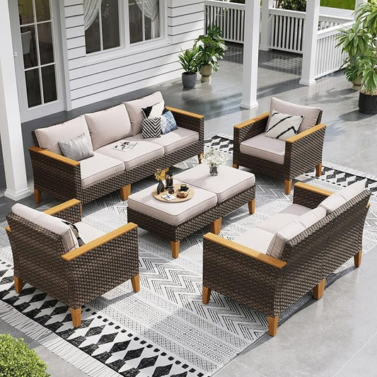 Sophia & William Wicker Patio Furniture Set, Outdoor Rattan Sectional Sofa 9 Piece Patio Conversation Set with 4 x Corner Sofa, 2 x Single Chairs, 1 x Armless Couch, 2 x Ottoman for Deck, Backyard