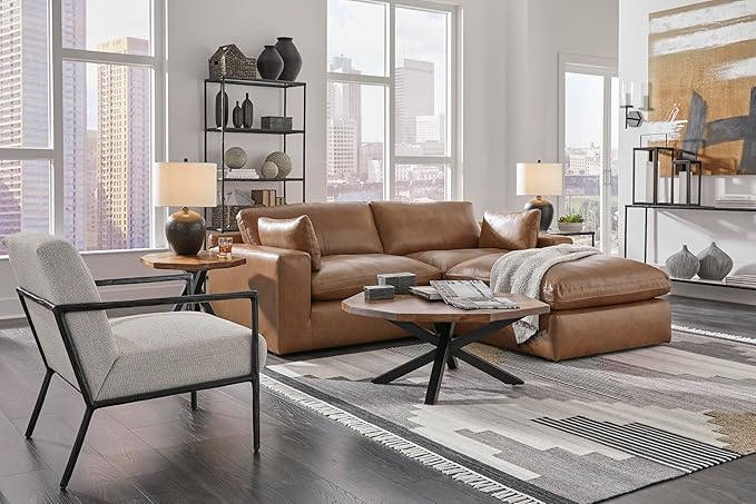 Signature Design by Ashley Emilia Modern Leather Match 2-Piece Sectional Loveseat with Loose Back Cushions and 2 Bolster Pillows, Light Brown