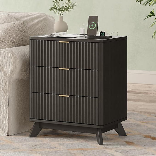 30" Tall Fluted NightStand,3 Drawers End Table with Charging Station,Modern Side Table with Storage, Night Stand Wood Bedside Tables for Bedroom,Curved Profile Design,Black by TROJMHome