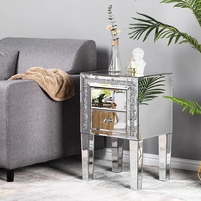 VINGLI Mirrored Nightstand Set of 2 Silver Glass Sofa/Couch Side Tables Bedroom End Tables with Storage, 24.8 inch Tall - Image 2