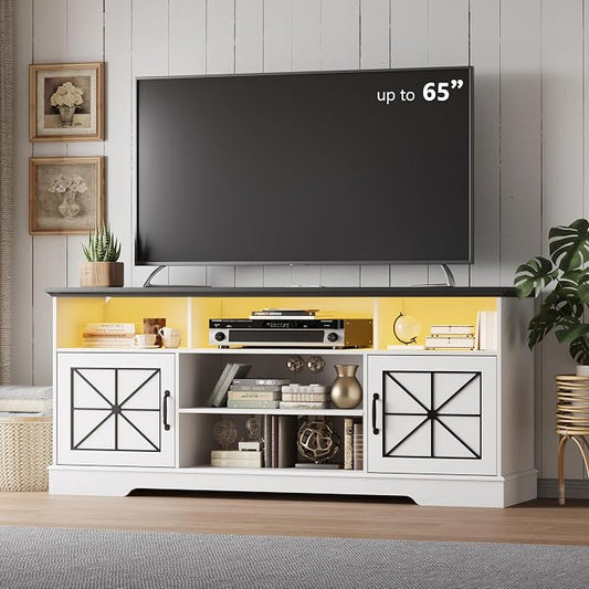 Xixini Farmhouse TV Stand for 65/60/55 Inch Tvs, Rustic Entertainment Center with LED Lights and Power Outlets, Modern Media Console Table, Wood Television Furniture for Living Room, Bedroom, White by Xixini