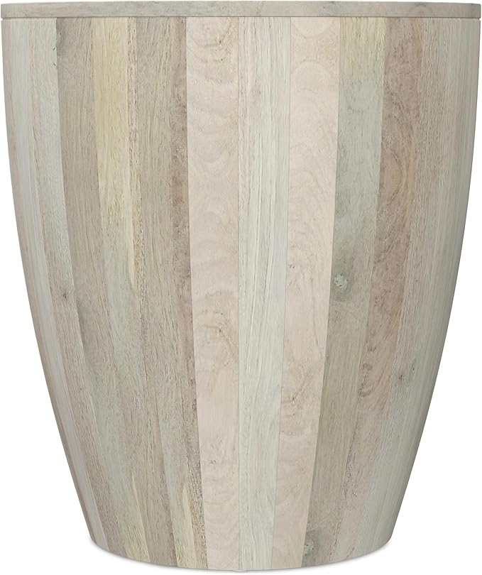 SIMPLIHOME Elmbrook End Table - 21 inch Wide Solid Mango Wood Round Drum Table with Vertical Panel Detailing in White Wash, Modern Nightstand or Plant Stand for Living Room or Bedroom, Assembled