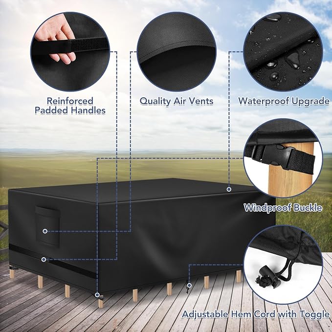Richwon Patio Furniture Cover, Waterproof Rectangle Outdoor Table Cover, Heavy Duty Sectional Set Protection 108"L x 82"W x 28"H, Black - Image 3