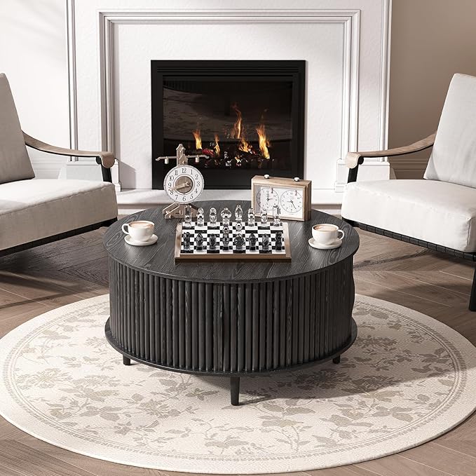 Round Coffee Table with Storage, 31.5" Modern Coffee Table with Sliding Door & Solid Wood Legs, Minimalist Fluted Center Table for Living Room, Home Small Space, Black