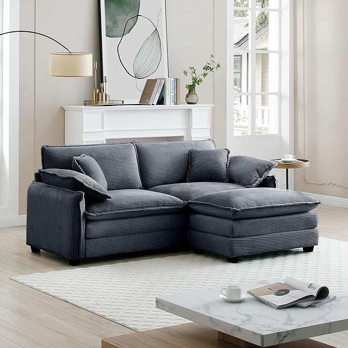 KEIKI 81" L-Shaped Oversized Corduroy Modular Sectional Loveseat Sofa with 1 Ottoman, High-Density Foam Cushions, Removable Armrests, Upholstered 2-Seater Couch with 4 Pillow, for Living Room, Grey