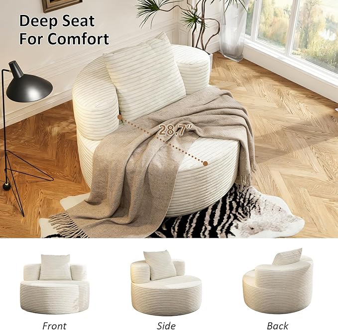 37.4" Boneless Round Chair, Oversized Chaise Lounge Cloud Chair Indoor, Upholstered Corduroy Deep Seat Sofa Accent Chair, No Assembly Required, for Living Room Bedroom Apartment