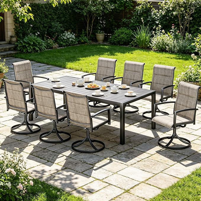 MEOOEM Extendable Outdoor Dining Set for 8, All Weather 8 Person Outdoor Dining Table Set with Highback Swivel Chairs 450LBS, Heavy Duty Expandable 9 Piece Patio Dining Set for Outside, Taupe by MEOOEM