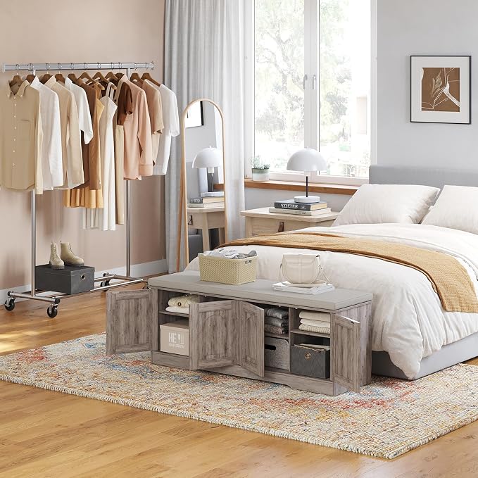 DINZI LVJ Shoe Bench, Entryway Storage Bench with Doors, Cushion, 2-Tier Shoe Rack with 8-Cubby, 47.2”L x 13.8”W Shoe Organizer Cabinet, Adjustable Shelf, Living Room, Bedroom, Greige - Image 2