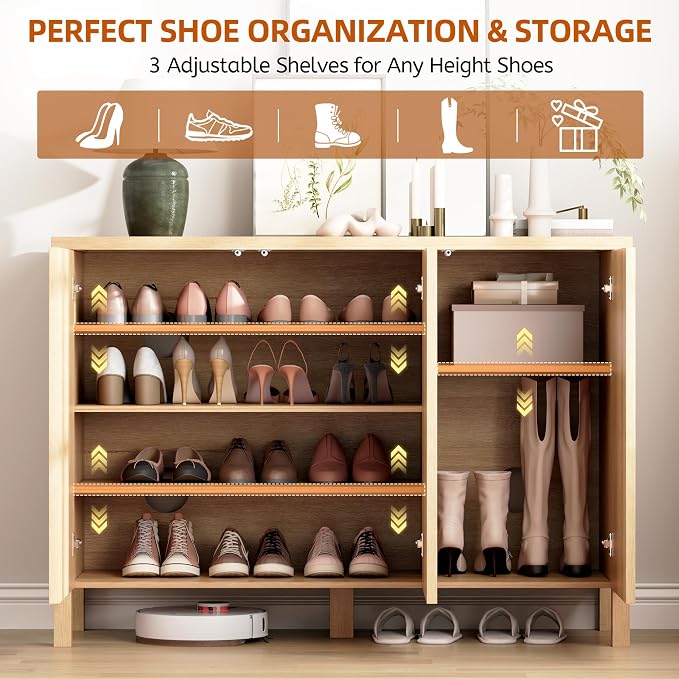 Vlsrka Shoe Cabinet with 3 Doors, Narrow Wooden Shoe Cabinet, Hidden Shoe Storage for Entryway, Foyer, Hallway (Brown D) - Image 4
