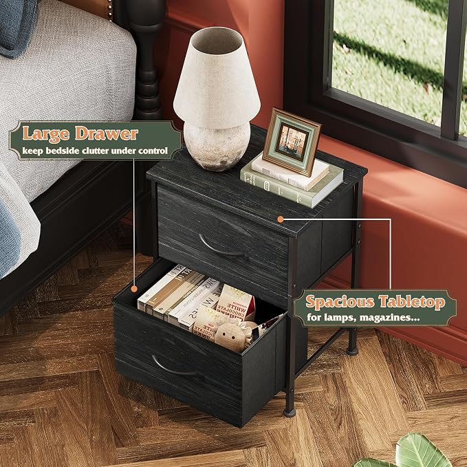 WLIVE Night Stand, Small Dresser with 2 Drawers & Wooden Top, Nightstand with Fabric Bins, Bedside Table End Table for Bedroom, Closet, Entryway, College Dorm, Charcoal Black - Image 4