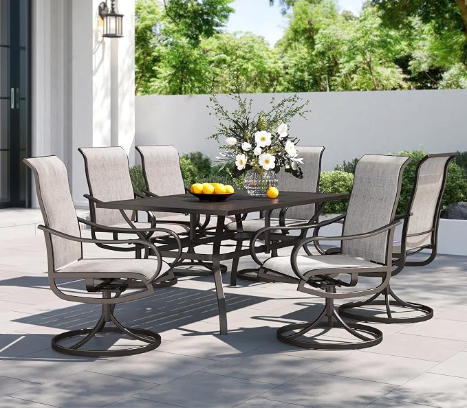 PHI VILLA Patio Dining Set for 6, Large Metal Table and 6 Outdoor Swivel Dining Chairs with Textilene Mesh Fabric, All Weather Patio Dining Furniture Set for Deck Lawn Garden (Gray) by PHIVILLA