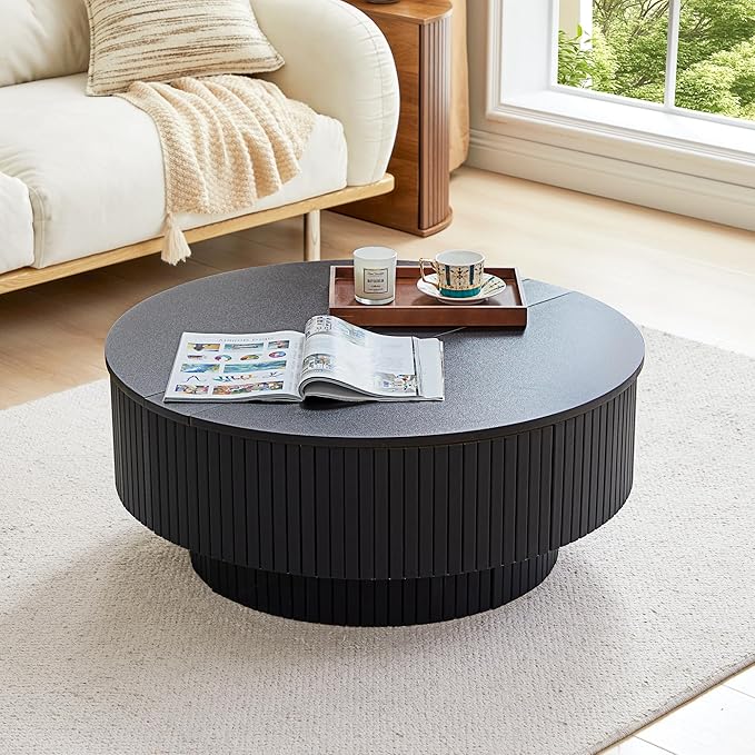 33" Round Coffee Table with Lift-Top & Flip-Top Storage, Modern Accent Fluted Coffee Tables with Metal Frame, Wooden Circle Center Table for Living Room Small Space Apartment Office (Black)
