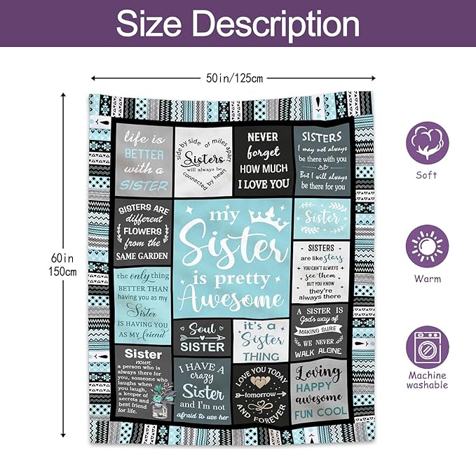 Ruvinzo Sister Gifts, Sister Birthday Gifts from Sister, Bestie Gifts for Women, Best Friend Birthday Gift for Women, Big Sister Gift from Little Sister Blanket 60” x 50”, Sister Valentines Gifts