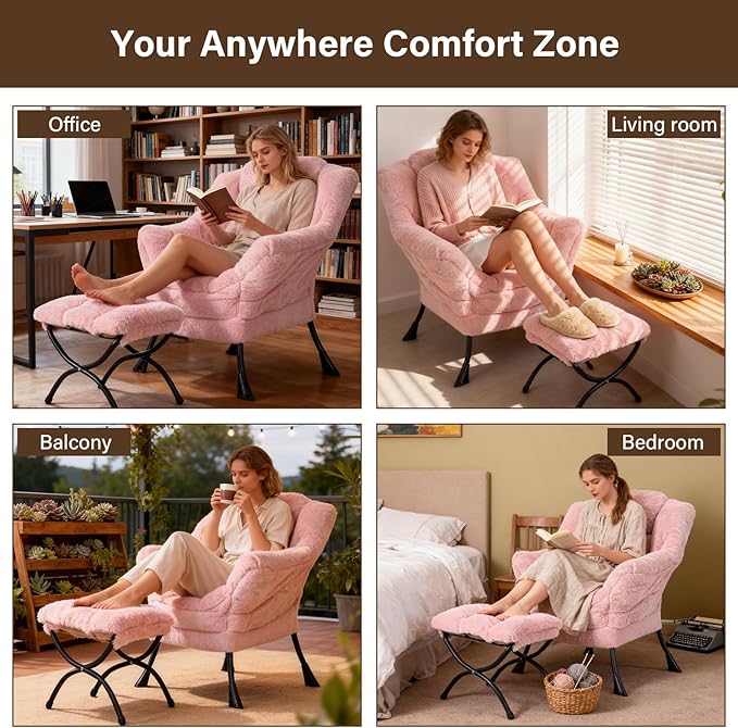Welnow Lazy Chair with Ottoman, Modern Accent Chair with Armrests and a Side Pocket, Leisure Sofa Armchair Set, Reading Armchair with Footrest for Small Space, Plush Pink