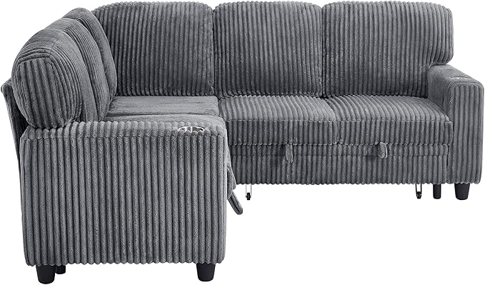 ERYE L-Shaped Symmetrical Sleeper Sectional Sofa W/Pull Out Sleeper Couch Bed and Storage Seat for Living Room, Corduroy Tufted Corner Convertible Sofa Bed with USB-C Ports