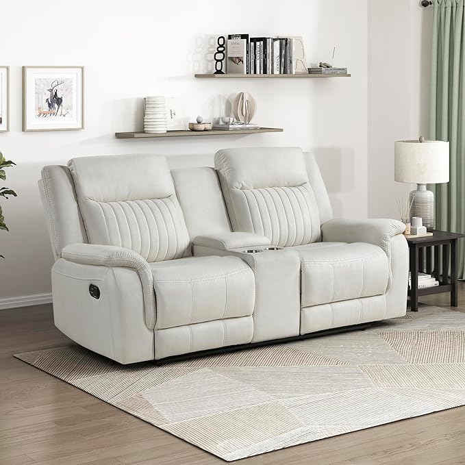 Lexicon Manual Double Reclining Loveseat, Polished Microfiber Manual Wall Hugger Loveseat Recliner for Living Room, Center Storage Console/Cup Holders, Easy Assembly, Beige