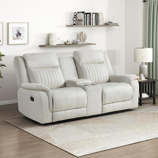 Lexicon Manual Double Reclining Loveseat, Polished Microfiber Manual Wall Hugger Loveseat Recliner for Living Room, Center Storage Console/Cup Holders, Easy Assembly, Beige