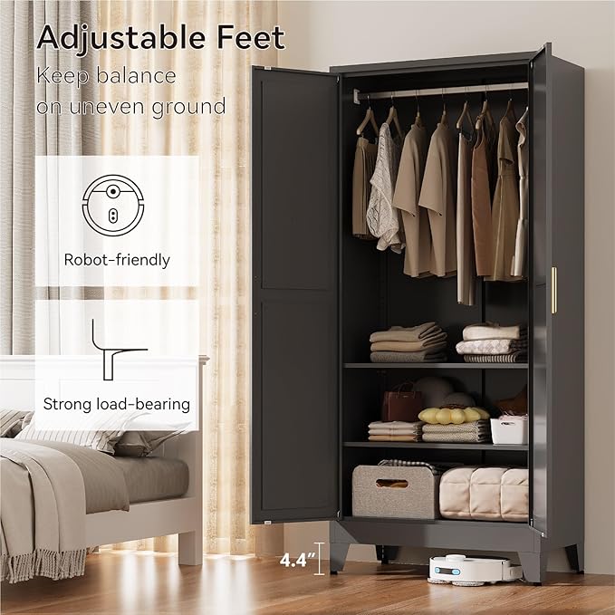 71" Tall Metal Armoire Wardrobe Closet,17.7" Deep By 31.5" Wide Portable Closet for Hanging Clothes,Wardrobe Cabinet with Adjustable Shelves for Bedroom Office Laundry Room,Black 1 Pack