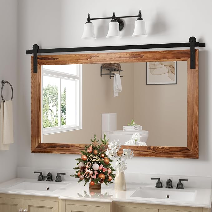 COGOOD Farmhouse Barn Door Mirror - 41" x 26" Rustic Wood Framed Wall Mirror for Bathroom, Living Room, Bedroom Wall Decor (Brown) by COGOOD