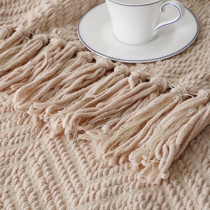 BATTILO HOME Beige Throw Blankets for Couch, Knitted Tan Throw Blanket for Twin Bed, Super Soft Warm Large Throws for Home Decor, 60" x 80"