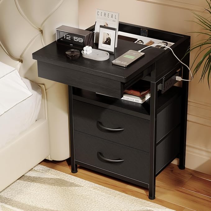 Lazzanto Nightstand Hidden Drawer Charging Table - Night Stand with Charger Station and Sliding Top Storage, Morden Bedside Table with 2 Fabric Drawers, for Dorm Living Room Bedroom, Black by Lazzanto