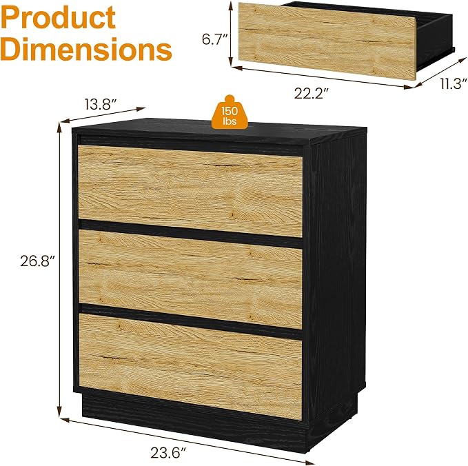 RoyalCraft Nightstand Set of 3, 23.6" Night Stand with 3 Drawers Storage, Large Bedside Table, End Table for Bedroom, Closet, Black and Wood - Image 2