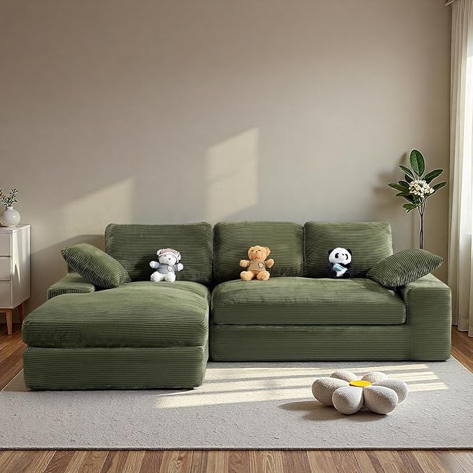 L Shaped 4 Seater Sofa, Modern Modular Sofa with 3 Back Cushions & 2 Coordinating Pillows, 98'' Corduroy Leisure Combination Couch with Wide Seat & High-Resilience Foam for Living Room, Green
