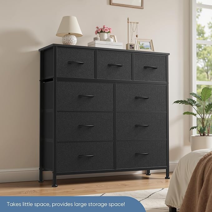 DUMOS 9 Drawer Dresser for Bedroom, Fabric Storage Organizer with Sturdy Metal Frame, Wooden Top Chest of Drawers for Closet Entryway Guest Room,Matte Black - Image 7