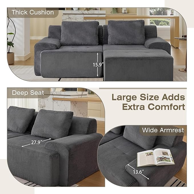 Modular Sectional Sofa, Boneless Couches for Living Room, Corduroy Couch, Big Comfy Couch, Modular Cloud Sofa with Deep Seat (Grey, 3 Pieces-L Shape)