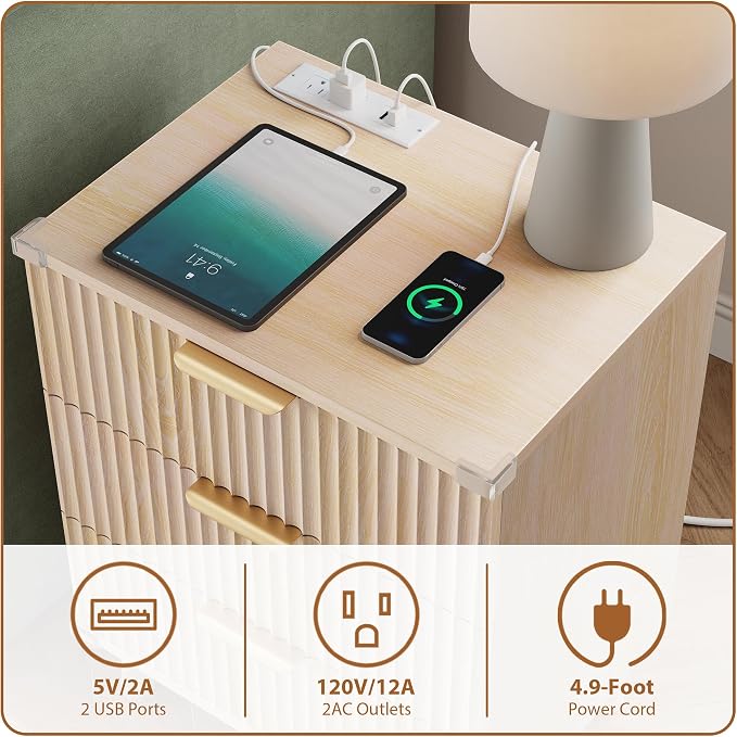Lulive Wood Nightstand with Charging Station, 3 Drawers Fluted Design, Modern End Table for Bedroom Natural Oak - Image 6