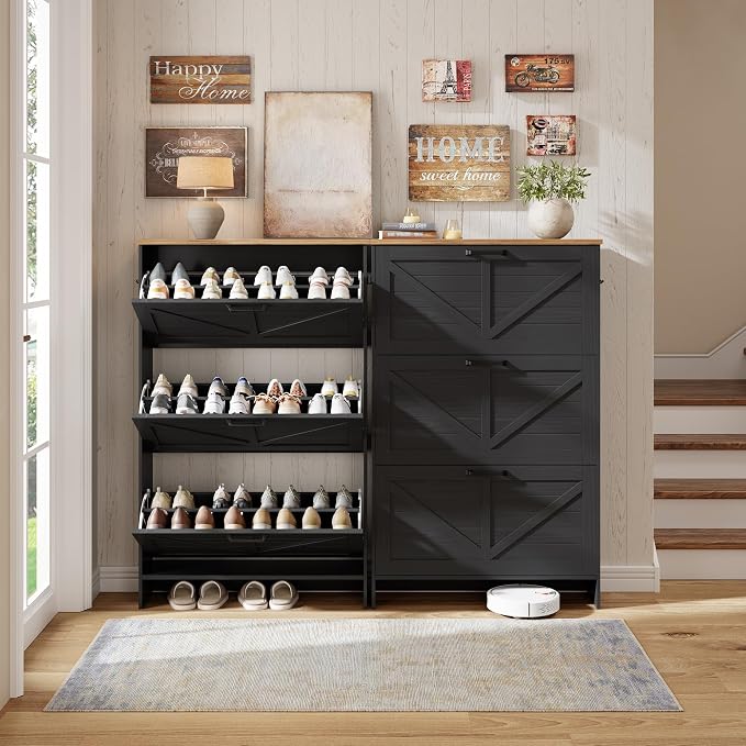 Nicetree Barn Door Shoe Cabinet for Entryway - Modern Farmhouse Shoe Storage Cabinet with 3 Flip Drawers - Slim Hidden Shoe Organizer, 3-Position Adjustable Divider, Fits Size 13, Brushed Black - Image 6