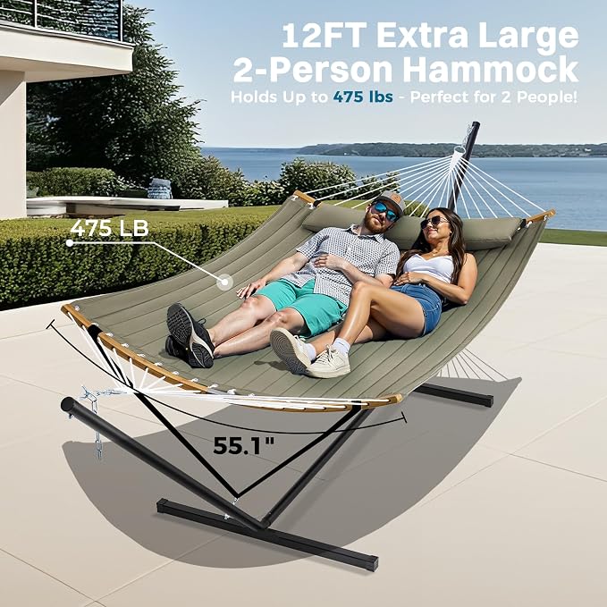 SUPERJARE Curved-Bar Hammock with Stand, 2 Person Heavy Duty Hammock Frame, Detachable Pillow & Portable Carrying Bag, Perfect for Outdoor & Indoor, Olive Gray - Image 3