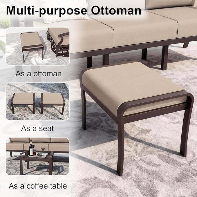 ALAULM Aluminum Patio Furniture Set with Coffee Table Rectangular, 6-seat Outdoor Sectional Furniture w/Swivel Chairs and 2 Ottomans, Patio Conversation Set for Porch, Backyard, Poolside-Sand