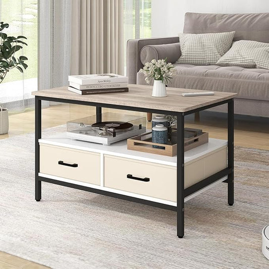 OC Orange-Casual 32" Coffee Table with Storage, 2-Tier Wood Coffee Table with Open Display Shelf & Foldable Drawers, Farmhouse Table with Metal Frame, Small Center Table for Living Room (31.5")